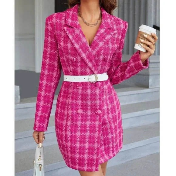 Plaid Double Breasted Pink Tweed Blazer Dress Mini Dress - Picture 8 of 9
